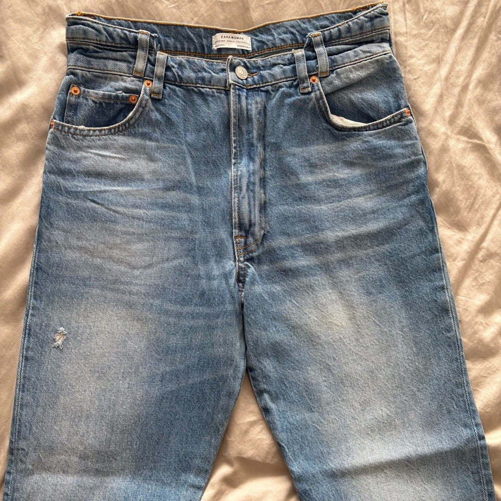 Zara Premium Denim Deconstructed Slanted Waistband Mid Blue Jeans Size US 6 NWOT - Picture 7 of 11
